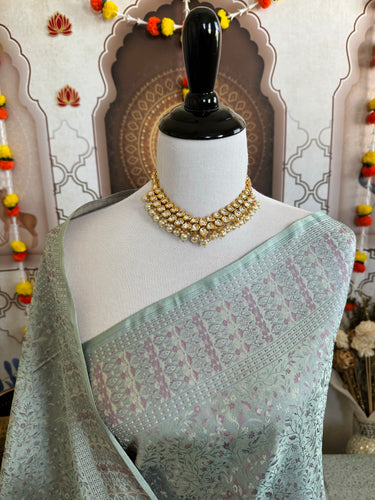 Satin Silk Saree from Banaras| Tanchoi weave | Light Gray Green | Handwoven | No Zari | Silk Mark Certified | Ships from California